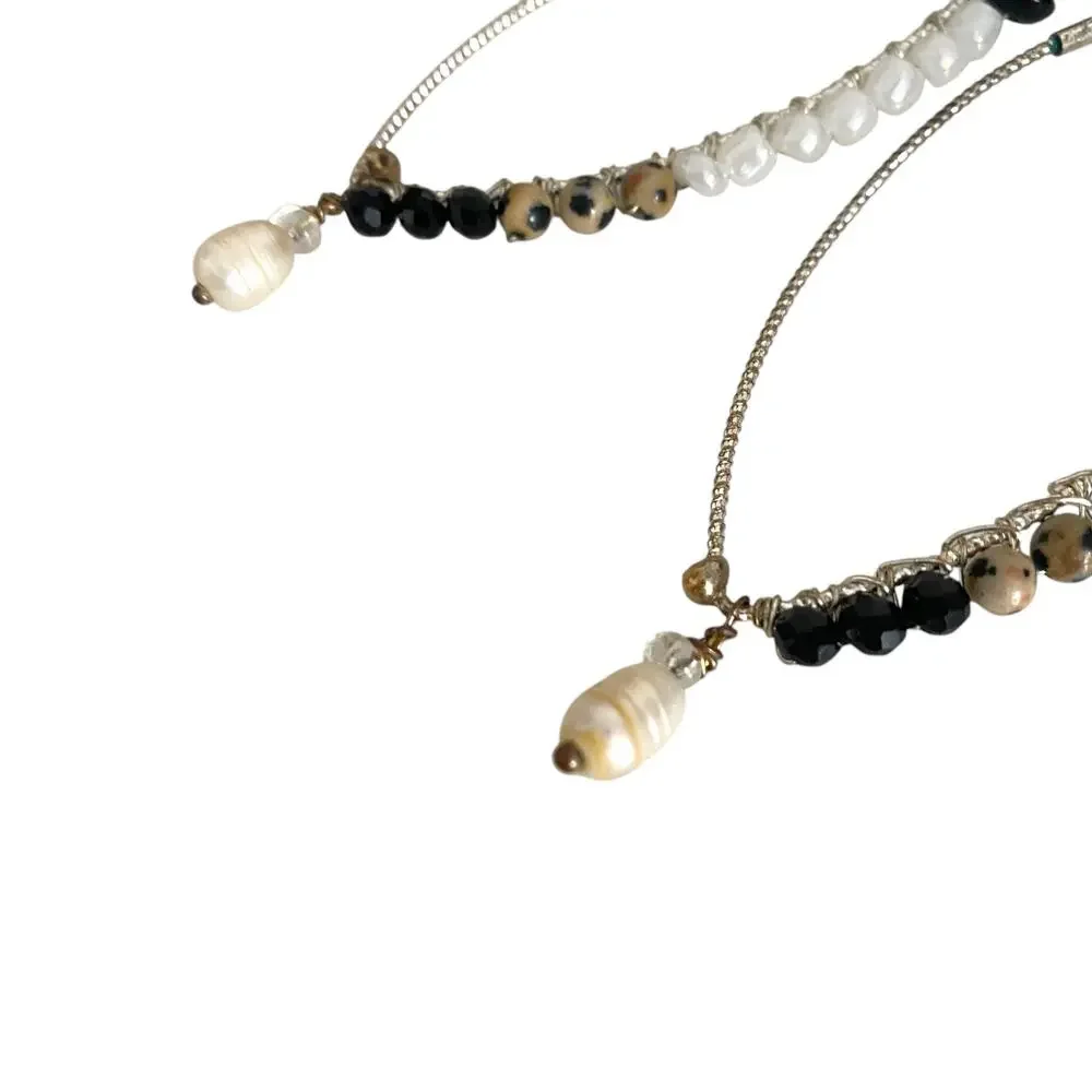 Rare Beaded teardrop Hoop Silver Earrings with pearl at the end